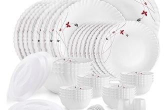 Cello Opalware Dazzle Series Lush Fiesta Dinner Set, 49Pcs | Opal Glass Dinner Set for 8 | Light-Weight, Daily Use Crockery Set for Dining | White Plate and Bowl Set