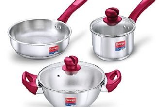 Prestige Stainless Steel 3 Pc Cookware Set with 2 Glass Lids | Platina Popular | Fry Pan 22cm/1.9L | Kadai 22cm/2.25L | Sauce Pan 16cm/1.5L | Gas & Induction Compatible |TRIPLY Base |5Y Warranty |ISI