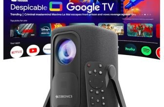 Zebronics Official Google TV Projector, 7500 Lumens, 4K Support, 200” Display, Auto Focus & Keystone, 270° Tilt, Portable Home Theater Cinema,Netflix, Prime, WiFi, BT, HDMI ARC (PixaPlay 77G)