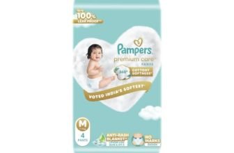Pampers Premium Care Pant Style Baby Diapers M 4 Count | No Marks Design | Voted India’s #1 Softest Diaper | All in 1 diaper with 360 Cottony Softness