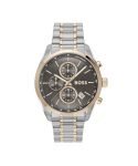 BOSS Grand Prix 44 Qtz Fashion Chrono Grey Round Dial Men’s Watch|Two Tone Stainless Steel Material|Silver Color Band – 1514252