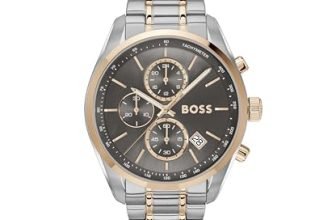 BOSS Grand Prix 44 Qtz Fashion Chrono Grey Round Dial Men’s Watch|Two Tone Stainless Steel Material|Silver Color Band – 1514252