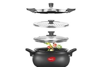 Pigeon By Stovekraft All in One Super Cooker Aluminium with Outer Lid Induction and Gas Stove Compatible 5 Litre Capacity for Healthy Cooking (Black)