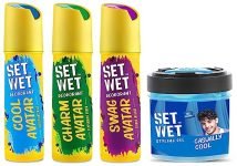 Set Wet Deodorant Spray Perfume, 150ml (Cool, Charm and Swag Avatar Pack of 3) and Cool Hold Strength Hair Gel, 250ml for Men