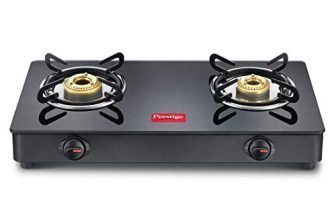 Prestige IRIS Toughened Glass-Top 2 Brass Burner LPG Gas Stove | Black | Spill Proof | Ergonomic Knobs | Tri-Pin Brass Burners |Open