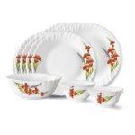 Larah by Borosil Red Iris Fluted Series Opalware Dinner Set | 13 Pieces for Family of 4 | Microwave & Dishwasher Safe | Bone-Ash Free | Crockery Set for Dining & Gifting | Plates & Bowls | White