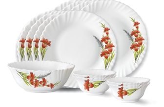 Larah by Borosil Red Iris Fluted Series Opalware Dinner Set | 13 Pieces for Family of 4 | Microwave & Dishwasher Safe | Bone-Ash Free | Crockery Set for Dining & Gifting | Plates & Bowls | White