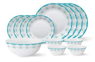 Larah by Borosil – Tiara Series, Royal Jade, 13 Pcs, Opalware Dinner Set, White