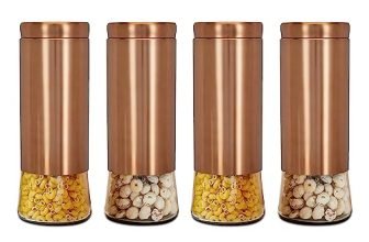 Amazon Brand – Solimo Rose Gold Bell Bottom Glass Jar | Multipurpose Kitchen Organizer with See-Through Window | 2250 ml Set of 4