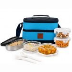 CELLO All Day Meal Glass Lunch Box for Office Use Sky Blue | 2 x 320ml Square, 1 x 240ml Round, 130ml Oval Containers with Spoon & Fork, Leadfree Leak Proof Airtight Glass Tiffin Box Set for Travel