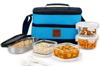 CELLO All Day Meal Glass Lunch Box for Office Use Sky Blue | 2 x 320ml Square, 1 x 240ml Round, 130ml Oval Containers with Spoon & Fork, Leadfree Leak Proof Airtight Glass Tiffin Box Set for Travel