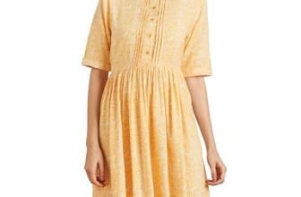 Amazon Brand – Symbol Women’s Rayon Fit and Flare One Piece Midi Length Dress (DR-05-WES-CONT_Yellow_S)