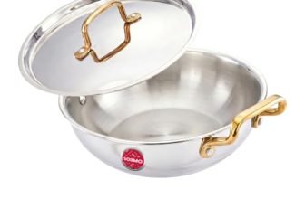 Amazon Brand – Solimo Premium Triply Stainless Steel Kadhai 24cm (2.5L) | SS Lid | Even Heating | Gas & Induction Compatible | Dishwasher Safe | Food Safe SS 304 | Elegant Golden Handles | BIS Certified