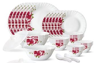 Larah by Borosil 35 Pieces Rose Red Opalware Dinner Set for Family of 6