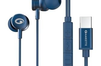 Amkette Trubeats M15 Type C Earphones with Mic, 10mm Drivers, 3 Button Control, AI Assistants, Detachable Collar Clip, Type C Headphones with Ergonomic Earbuds Compatible with C Type Devices, 1.2m