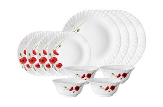 Larah by Borosil Red Carnation Opalware Dinner Set, 12 Pieces, White