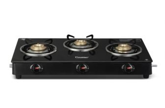 Prestige Iris 3 Burner Gas Stove | Toughened Glass Top | Tri-Pin Brass Burners | Ergonomic Knob | Black | 2Y Warranty | ISI Certified