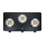 Preethi Alya 3 Burner Glass Top Gas Stove, 5-Year Glass & Burner Warranty | Heavy-duty brass burners and a 6mm toughened glass top, with a 5-year warranty on glass and burners.