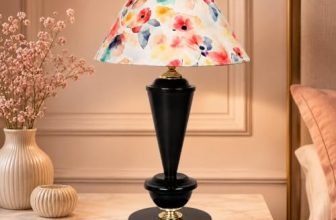 tu casa Modern Brilliance Black Metal Table Lamp for Home Decoration, Bedroom, Living Room, Lounge, Office, Festival Gifting, Study Table (Flower Print with Satin Shade) H – 17″ / No Blub