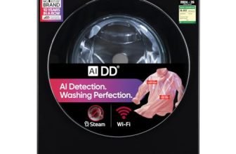 LG 12 Kg, 5 Star, AI DD Technology, Steam, Wi-Fi, Tempered glass door, Fully-Automatic Front Load Washing Machine (FX1412N3O, Reduce germs & allergens, Smart Fabric Care, 2026 Model, Onyx Black)
