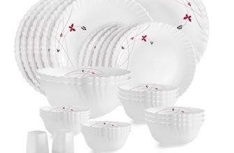 CELLO Lush Fiesta Dazzle Series Opalware Dinner Set of 35 Pieces for Family of 6 | Bone-Ash Free & Leadfree Opal Glass, Microwave & Dishwasher Safe, Plates & Bowls Crockery Set for Dining & Gifting