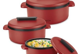Milton Micronova Jr. Gift Set Inner Stainless Steel Casserole, Set of 3 (380 ml, 775 ml, 1345 ml), Red, BPA Free, Food Grade, Hot and Cold, Microwaverable Steel, Dishwasher Safe, Chapati, Roti