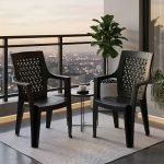 Nilkamal Elevate Plastic Chair with Arm | Set of 2 | Stackable Chair | for Living Room, Bed Room, Kitchen, Balconies, Outdoor | Iron Black