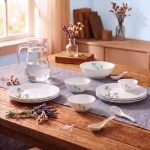 Novo By La Opala Opalware Dinner Set 35 Pieces for Family of 6,Blue Florets | Microwave & Dishwasher Safe Crockery Set for Home, Bone-Ash Free Bowls & Plates Set, Break-Resistant & Lightweight