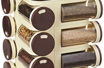 Amazon Solimo Plastic Revolving Spice Rack Set of 16 Pieces | Standard Size | Pull Out Shelf | Tabletop | Dark Brown