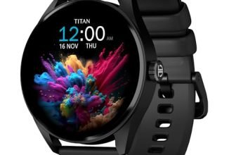 Titan Crest 1.43” AMOLED Smart Watch with BT Calling, AI Morning Briefs, Functional Crown, Health Tracking, Aluminium Body, 100+ Sports Modes, Smartwatch for Men and Women – Black Silicone Strap