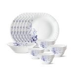 Larah by Borosil 19 Pieces Blue Eve Opalware Dinner Set for Family of 6 | Microwave & Dishwasher Safe Silk Series Crockery for Dining & Gifting, Bone Ash Free Plates & Bowls