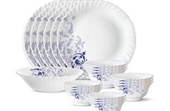 Larah by Borosil 19 Pieces Blue Eve Opalware Dinner Set for Family of 6 | Microwave & Dishwasher Safe Silk Series Crockery for Dining & Gifting, Bone Ash Free Plates & Bowls