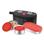 CELLO MF Trent Plus Lunch Box with Bag for Office, Red | 300ml x 2 Steel Containers, 500ml Oval Plastic Containers, Leak Proof Airtight Snap Lock Lid Tiffin Box Set for School Kids, College & Travel