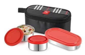 CELLO MF Trent Plus Lunch Box with Bag for Office, Red | 300ml x 2 Steel Containers, 500ml Oval Plastic Containers, Leak Proof Airtight Snap Lock Lid Tiffin Box Set for School Kids, College & Travel