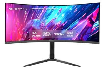 Zebronics PA234 34 Inch 1500R Curved Ultrawide Gaming Monitor, UWQHD 3440×1440, 180Hz, 1ms MPRT, HDR10, Adaptive Sync, 100% sRGB, Height/Pivot/Swivel/Tilt Adjust, 2 x DP, 2 x HDMI Ports