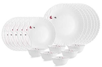 CELLO Lush Fiesta Dazzle Series Opalware Dinner Set of 18 Pieces for Family of 2 | Bone-Ash Free & Leadfree Opal Glass, Microwave & Dishwasher Safe, Plates & Bowls Crockery Set for Dining & Gifting