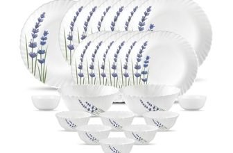 La Opala Novo Collection Opal Glass Crockery | for Family of 6 | Dinner Set 23 pcs English Lavender | Plates & Bowls for Dining | Microwave Safe | 100% Vegetarian | Extra Strong | Light & White