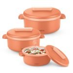 MILTON Micronova Jr. Gift Set Inner Stainless Steel Casserole, Set of 3 (380 ml, 775 ml, 1345 ml), Peach, BPA Free, Food Grade, Hot and Cold, Microwaverable Steel, Dishwasher Safe, Chapati, Roti