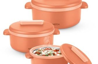 MILTON Micronova Jr. Gift Set Inner Stainless Steel Casserole, Set of 3 (380 ml, 775 ml, 1345 ml), Peach, BPA Free, Food Grade, Hot and Cold, Microwaverable Steel, Dishwasher Safe, Chapati, Roti
