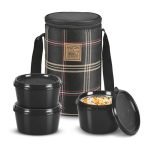 MILTON Lofty Lunch Box with Steel Cutlery, 3 Microwave Safe Inner Steel Leakproof & Airtight Containers (1 x 320 ml, 2 x 450 ml Each), with Insulated Bag, Perfect Office Tiffin, Black