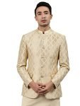 MANQ Men’s Slim Fit Bandhgala Blazer, Self Design, Fawn, Mandarin Collar, Single Breasted Ethnic Jacket for Wedding, Party & Formal Wear 44