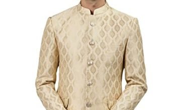 MANQ Men’s Slim Fit Bandhgala Blazer, Self Design, Fawn, Mandarin Collar, Single Breasted Ethnic Jacket for Wedding, Party & Formal Wear 44