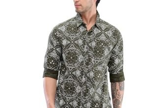 Spykar Full Sleeve Slim Fit Printed Green Shirts for Men (Size: M)-MSHPS2BD204-Military Green