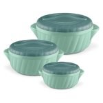 MILTON Flora Regular Set Insulated Inner Steel Casserole for Roti 3Pc (750ml 1.25L & 2.1L) Hot Box for Kitchen, Hot Pot with Lid Chapati Box, Roti Casserole, Serving Boxes, Hotcase, Light Green