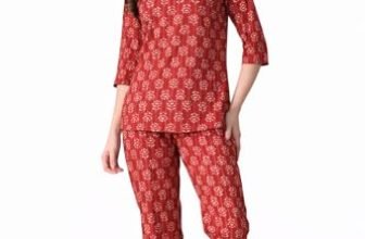 Ichaa Women’s Printed Cotton Night Wear Top and Bottom Night Suit Set (L) Red