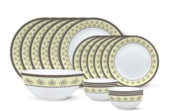 Larah by Borosil Amber Kohinoor Series Opalware Dinner Set | 19 Pcs for Family of 6 | Microwave & Dishwasher Safe | Bone-Ash Free | Crockery Set for Dining & Gifting | Plates & Bowls | White