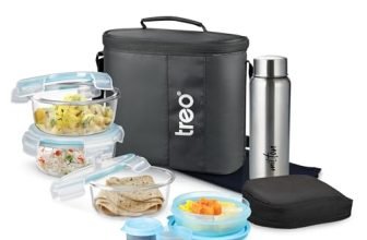 Treo By Milton All Weather Borosilicate Glass Round Tiffin Set of 8,Water Proof Carry Jacket & Steel Bottle,Microwave-Oven Safe,Leak Proof,Air Vent Lid,Scratch Resistant,Ideal for Office,School,Black