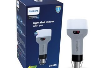 PHILIPS Zenith 9W Portable Emergency Torch Light | LED Bulb, B22 Base | Up to 7 Hours Backup, Type-C & AC Charging, Lithium-Ion Battery, Includes Hanging Hook (Grey) | Cool Day Light, Pack of 1