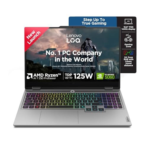 Lenovo LOQ AMD Ryzen 7 250 | NVIDIA RTX 5060 8GB (16GB RAM/512GB SSD/FHD IPS/144Hz Refresh Rate/572 AI TOPS/15.6″ (39.6cm)/Windows 11/Office 2024/Grey/2.4Kg), 83JG00H1IN Gaming Laptop