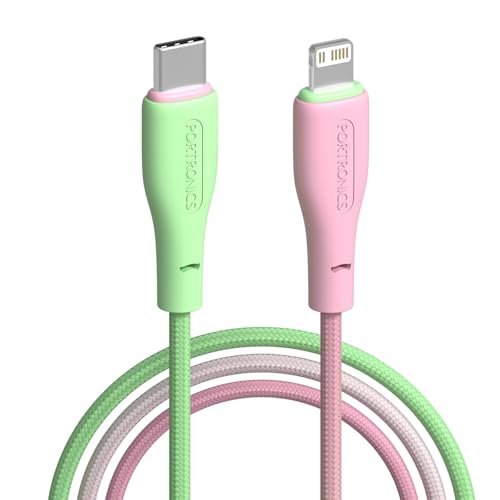 Portronics Hue X 20W Dual Tone Colour Type C to 8 Pin Fast Charging Cable for iPhones,iPads, Laptops & Other 8 Pin Devices, 480Mbps Data Sync, Premium Braided Cable (Green+Pink)